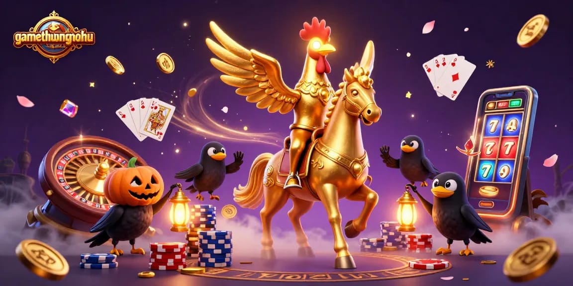 gamethuongnohu enhances your casino experience with golden treasures and vibrant characters in a dynamic scene.