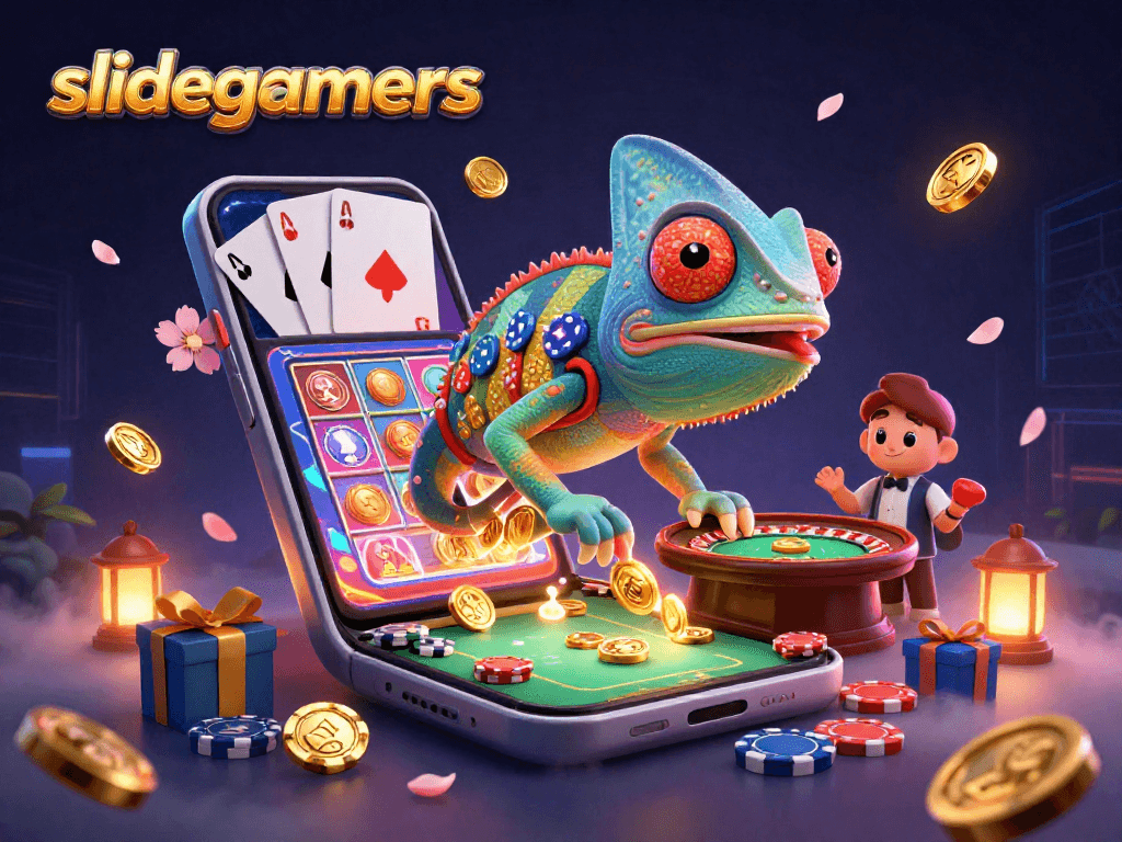 Engage in excitement with slidegamers as the chameleon casino owner captures golden coins in an animated casino scene.