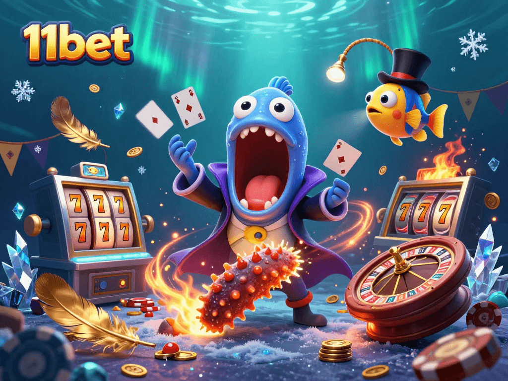 Experience thrilling moments with 11bet as deep-sea creatures engage in magical gambling antics.