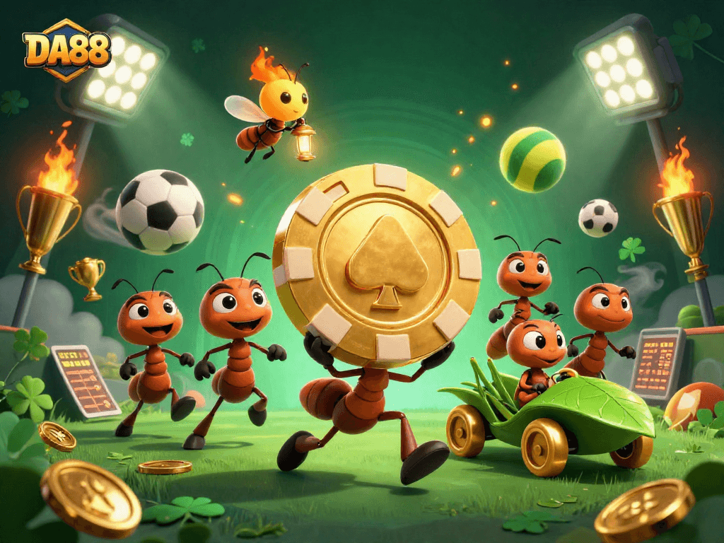 Ants carrying a giant poker chip in a thrilling heist at DA88 casino with sports elements.