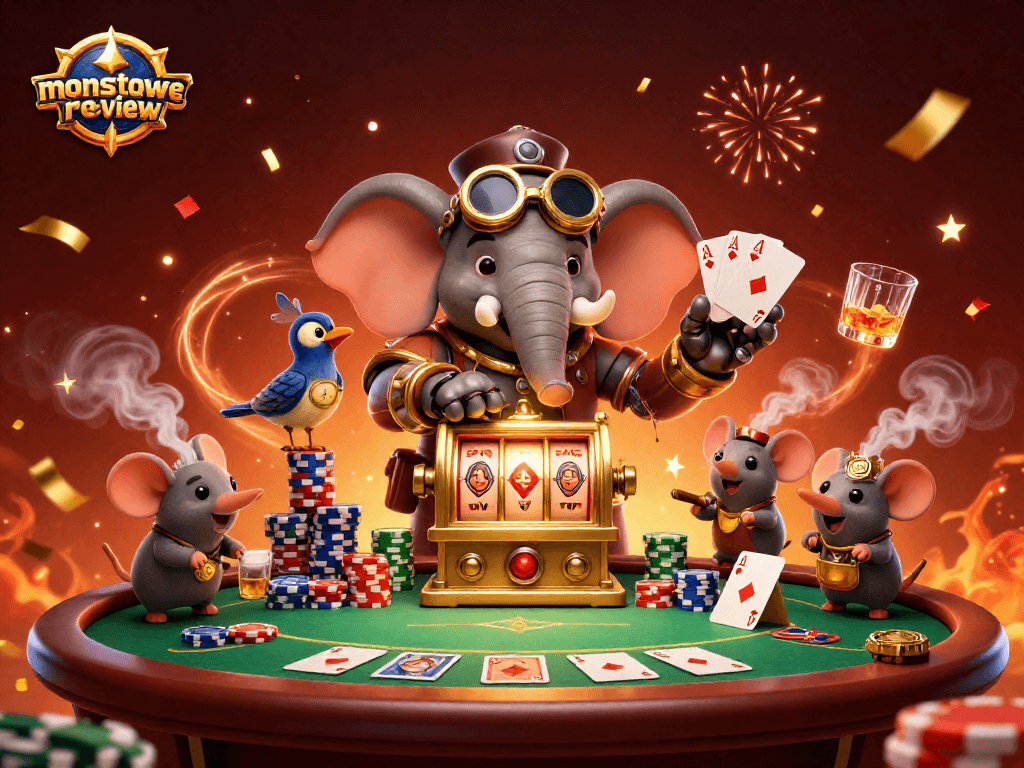Experience the excitement of monstertowerreview as the elephant engineer operates a golden slot machine amid vibrant casino elements.