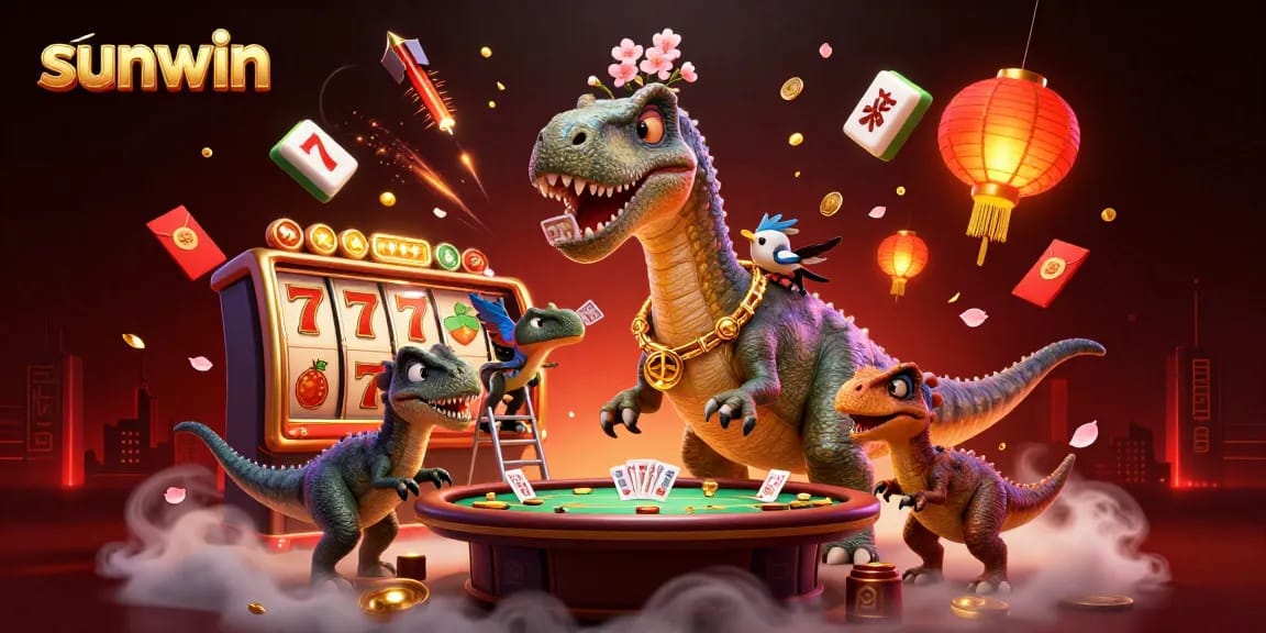 Experience sunwin with a vibrant 3D casino scene featuring a brontosaurus and clever raptor during an exciting game.