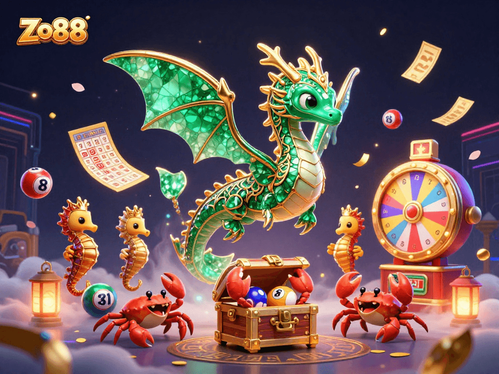 Experience the excitement at Zo88's vibrant casino world filled with games and treasures.