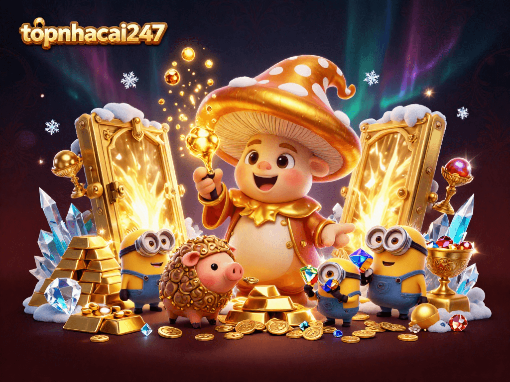Engage with topnhacai247's magical experience featuring golden treasure and 3D cartoon characters in action.