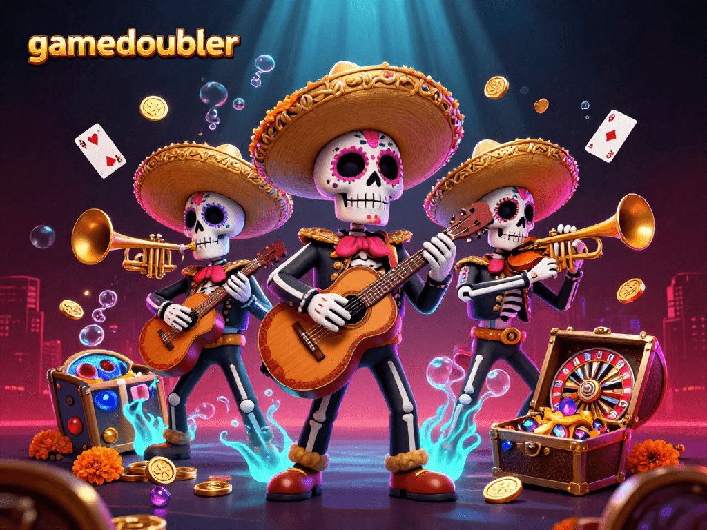 Experience thrilling gaming with gamedoubler in a vibrant 3D Day of the Dead casino scene.