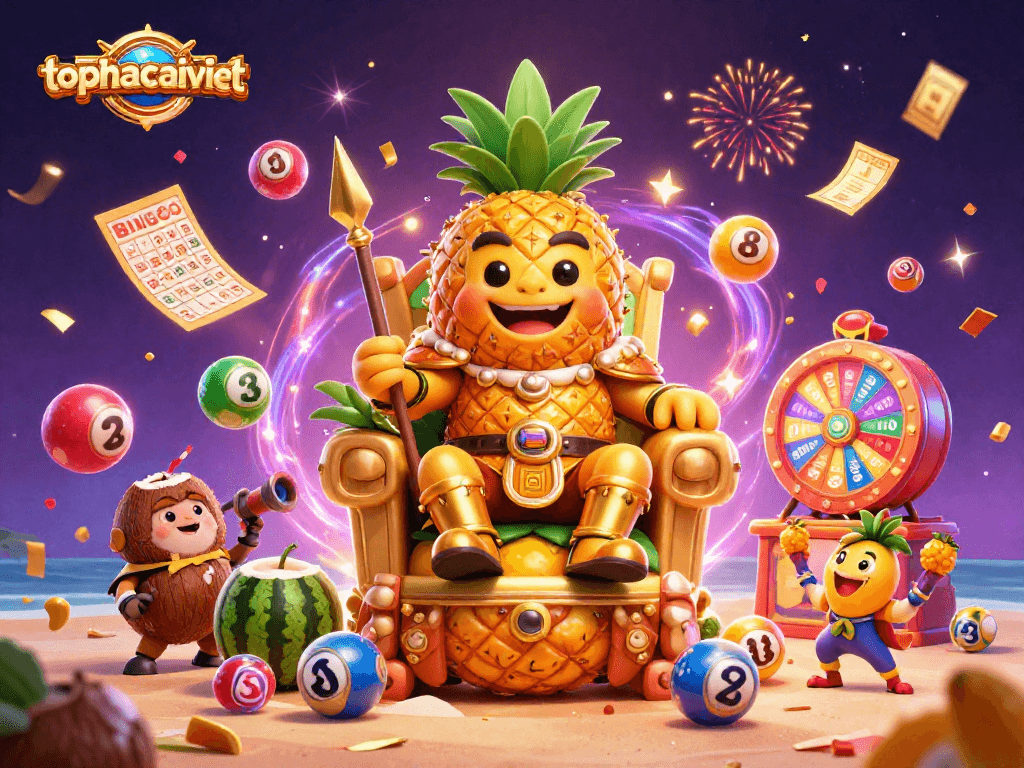 Experience the excitement of topnhacaiviet with a vibrant 3D casino scene featuring a golden pineapple king and lively games.