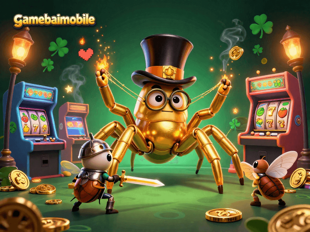 Experience gamebaimobile's rich gaming atmosphere with a vibrant 3D illustration of casino adventures featuring characters and action.