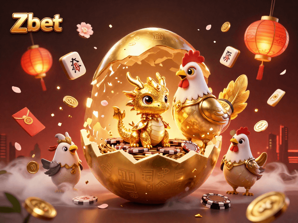 Zbet showcases a golden dragon emerging from a nest of poker chips in an exciting online casino scene.