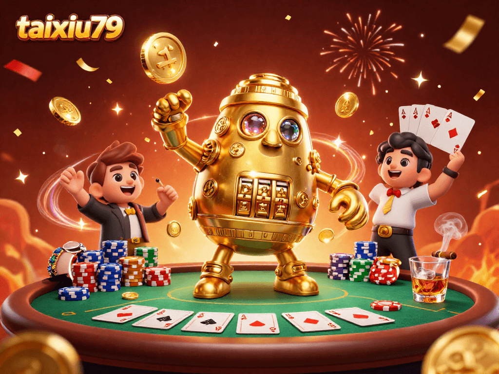 Join the excitement of taixiu79 with a thrilling 3D golem surrounded by poker elements.
