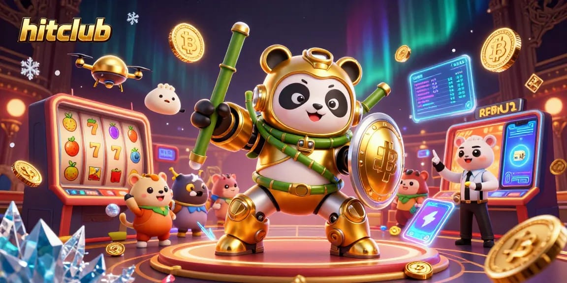 Hitclub showcases a vibrant casino scene with a mech-suit panda amid slot machines and crypto coins.