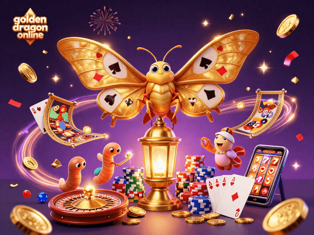 Experience golden dragon online with a vibrant scene of a mythical moth and casino elements.