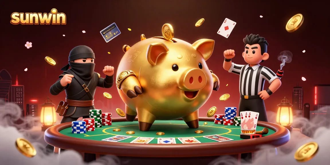 Engage with sunwin's vibrant casino scene featuring a golden piggy bank wrestler amidst poker action.