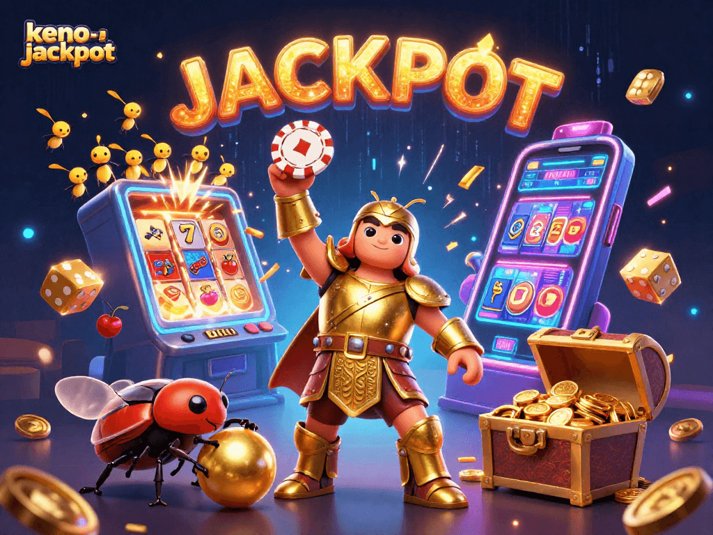 Experience the thrill of keno-jackpot with vibrant 3D characters and dynamic casino elements.