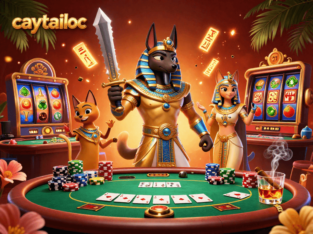 Experience the excitement of caytailoc with an Egyptian-themed casino adventure featuring Anubis and slot machines.