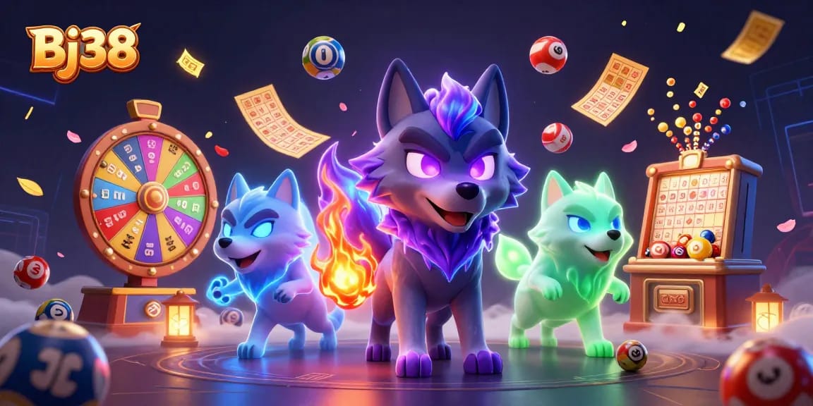 Bj38 brings together a ghostly wolf leader and companions with colorful lottery elements creating a dynamic casino scene.