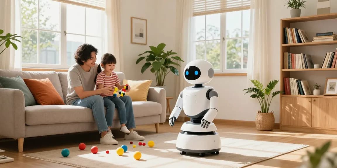 Home robot aiding family with chores in a bright living room.