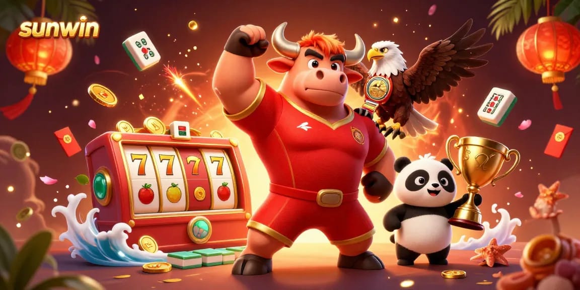 Join the sunwin gaming excitement with vibrant characters celebrating over slot reels and gold coins.