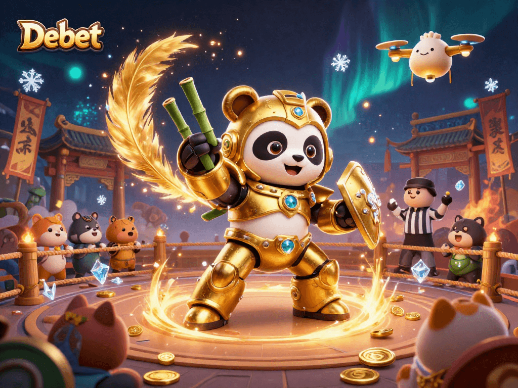Engage in thrilling sports betting action at Debet with a vibrant panda-led robot arena