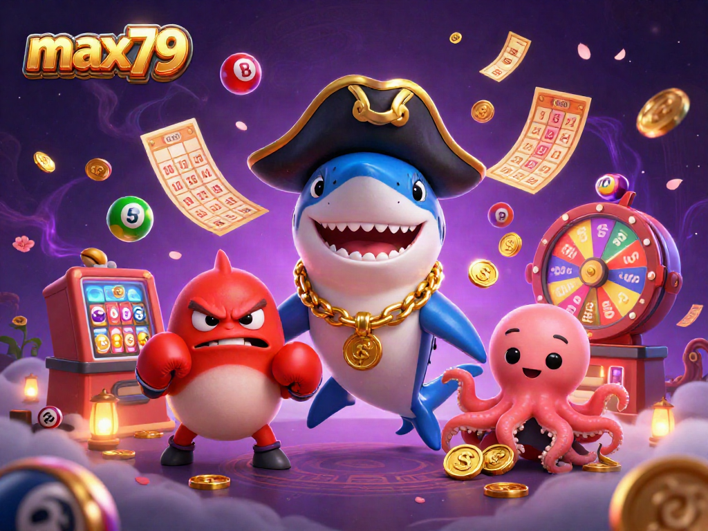 Enter the exciting world of max79 with a dynamic illustration of animated casino characters and vibrant game elements.
