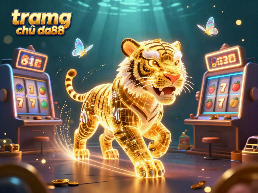 Experience the thrill at tramg chủ da88 with vibrant slot machines and a luminous golden tiger in a neon casino landscape.