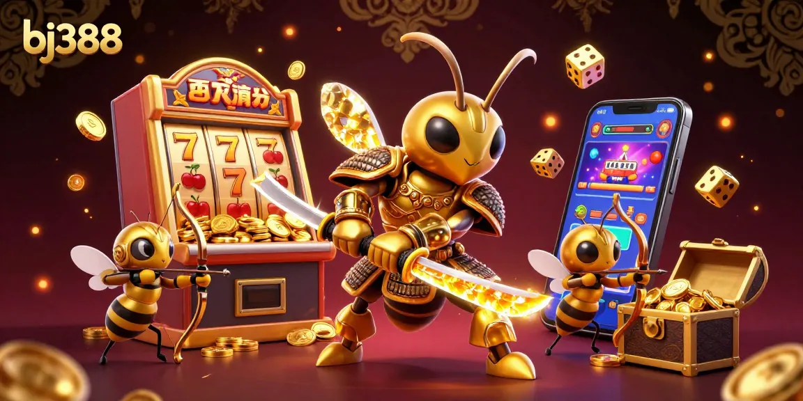 Experience winning with bj388's vibrant casino scene filled with dynamic elements and gold.