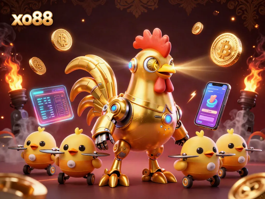 Engage with xo88's thrilling casino action featuring a golden rooster robot and crypto elements.