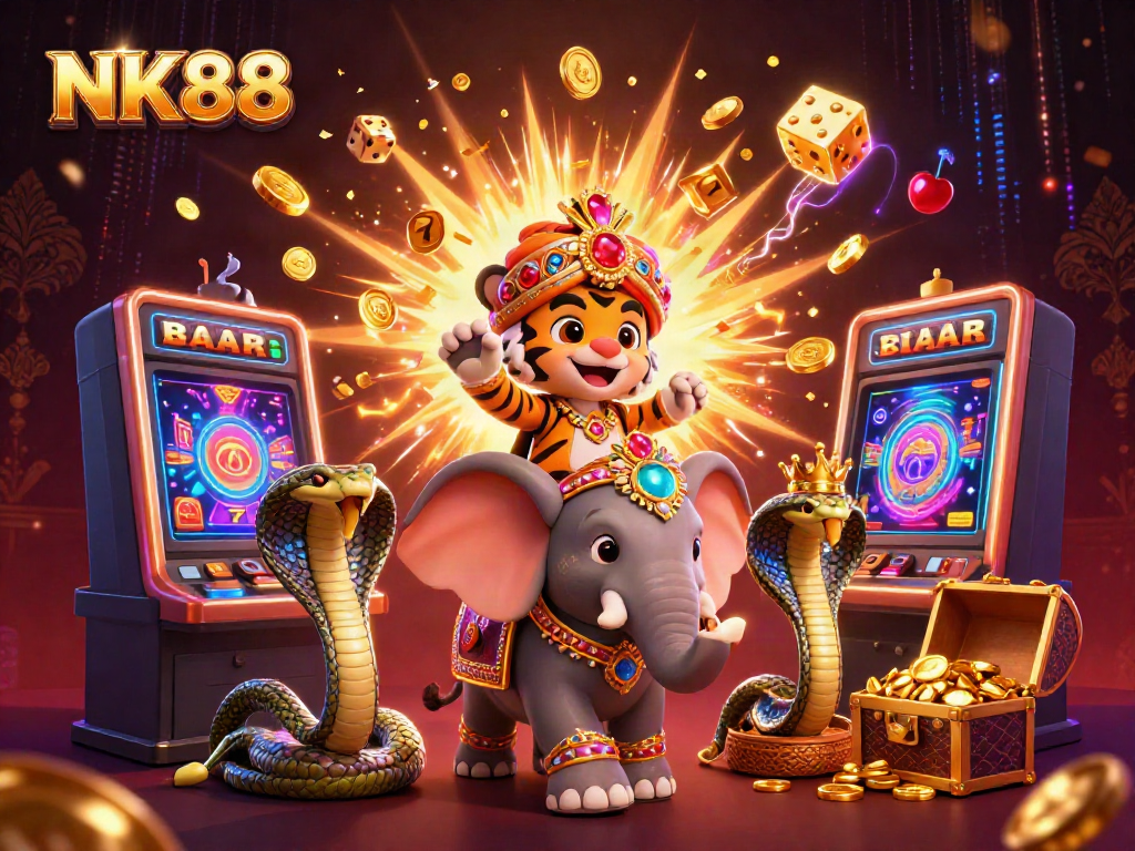 Experience the excitement of NK88 with a tiger maharaja, elephants, and slot machines in a vibrant casino scene.