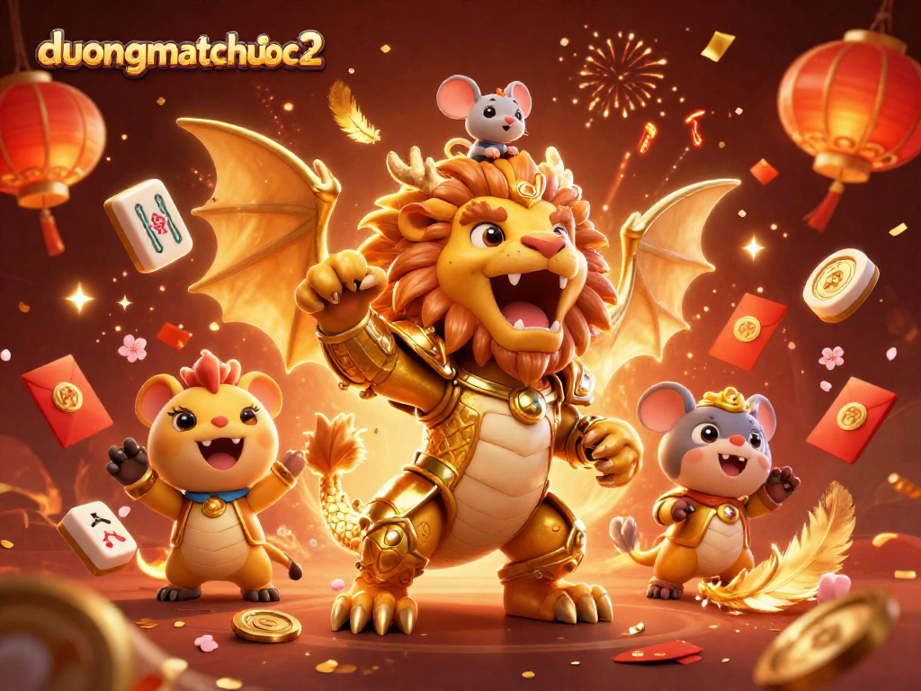 Experience thrilling gameplay in duongmatchuoc2, showcasing golden mahjong tiles and majestic chimeras.