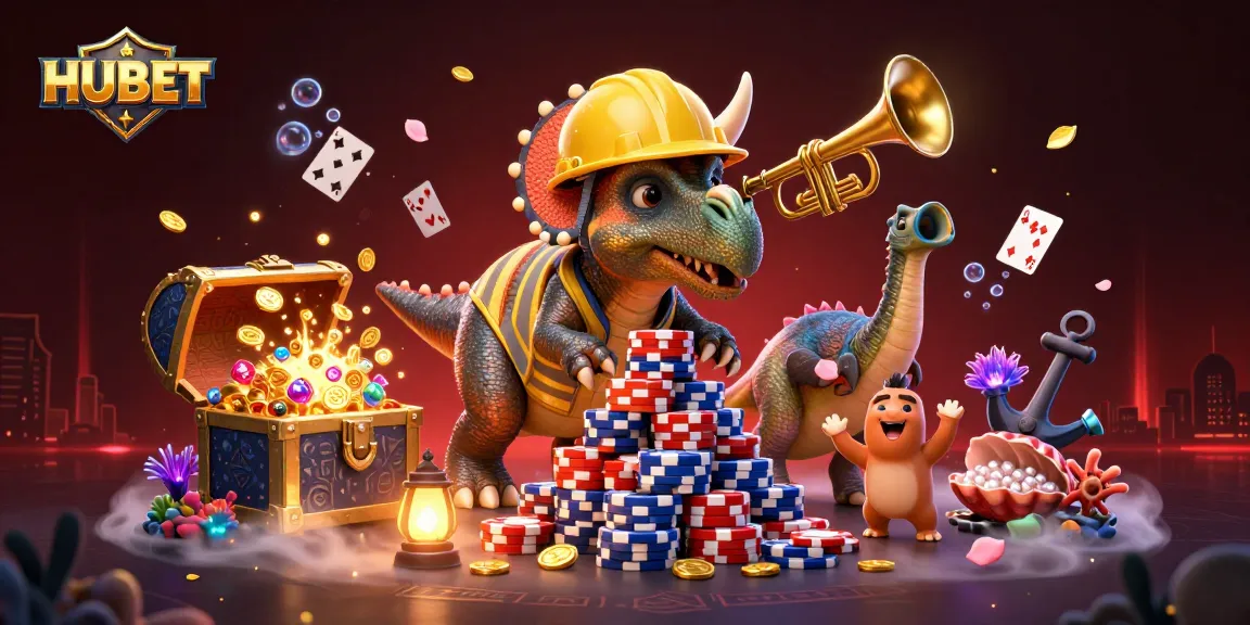 Join HUBET's thrilling gaming adventure as a triceratops builds poker chips amidst celebration.