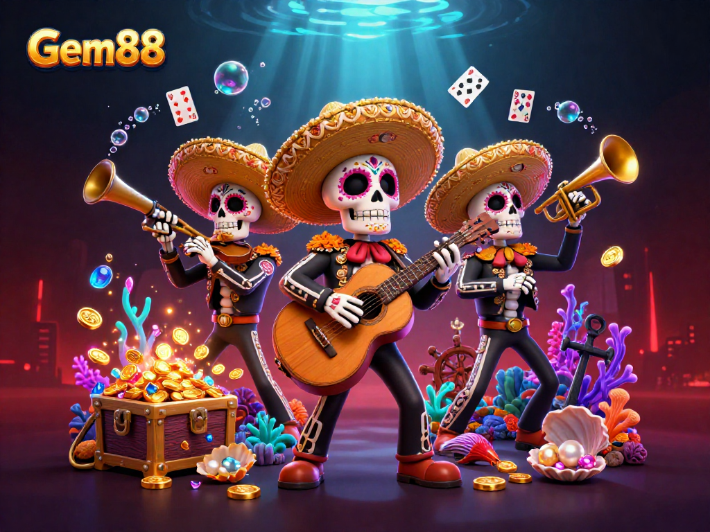 Experience the vibrant world of Gem88 with colorful skeleton mariachi musicians amidst casino-themed treasures and gaming elements.