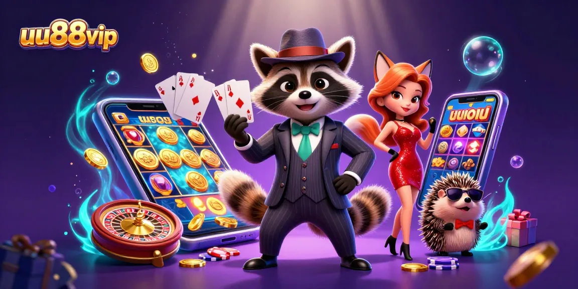 Experience the thrills at uu88vip with 3D cartoon characters playing poker amid dazzling casino elements.