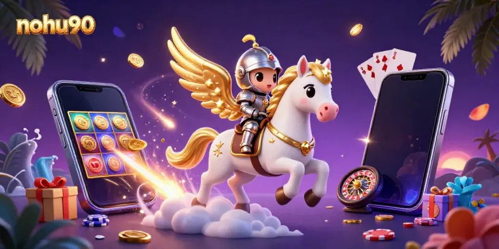 Engage with nohu90's vibrant casino universe, showcasing a magical scene with games, characters, and excitement.