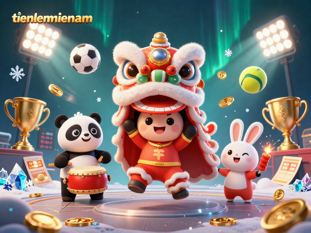 Engage with the fun of tienlenmiennam as players enjoy a vibrant game atmosphere with lions and festive elements.