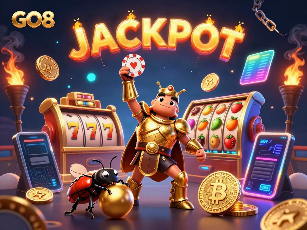 GO8 showcases a victorious beetle amidst dazzling jackpot elements and vibrant casino symbols.