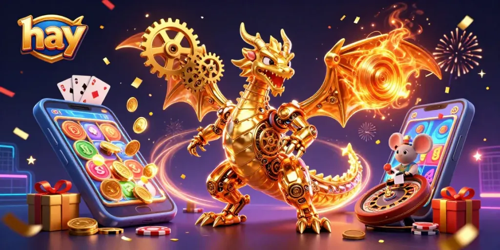 Experience exciting slots with hay's golden dragon and vibrant casino elements in a captivating 3D illustration.