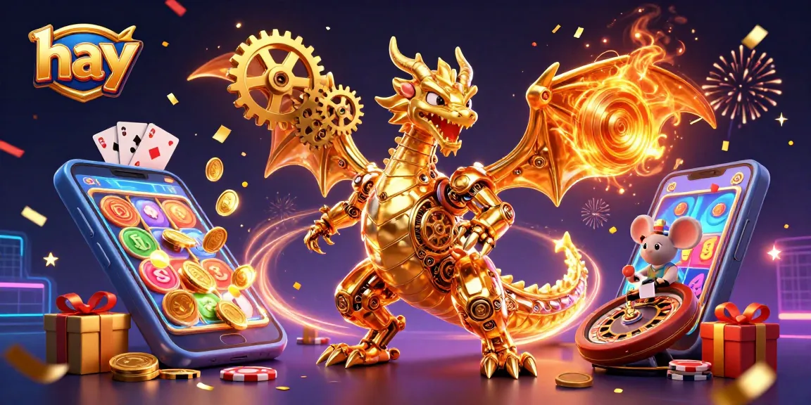 Experience exciting slots with hay's golden dragon and vibrant casino elements in a captivating 3D illustration.