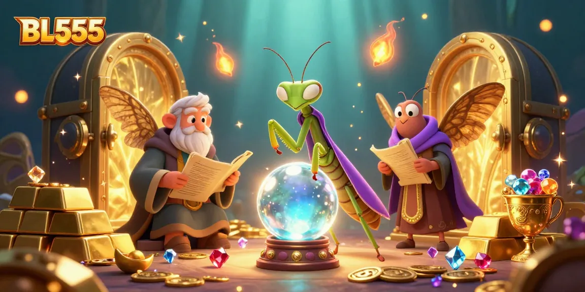 Experience BL555's magical allure with vibrant treasures and ancient elements in this whimsical casino scene.