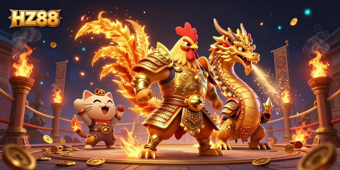 Experience HZ88’s dynamic online gaming world with a bold fighting rooster and dragon illustration.