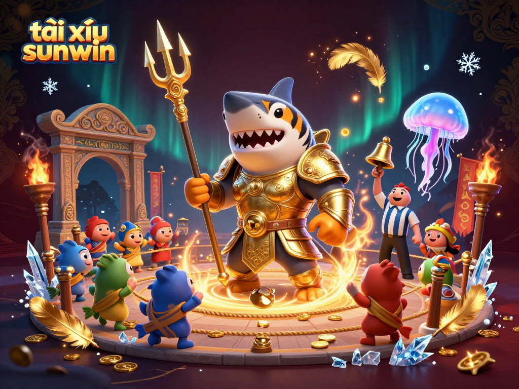 Immerse in the action of tài xỉu sunwin with a tiger shark gladiator in an underwater arena.