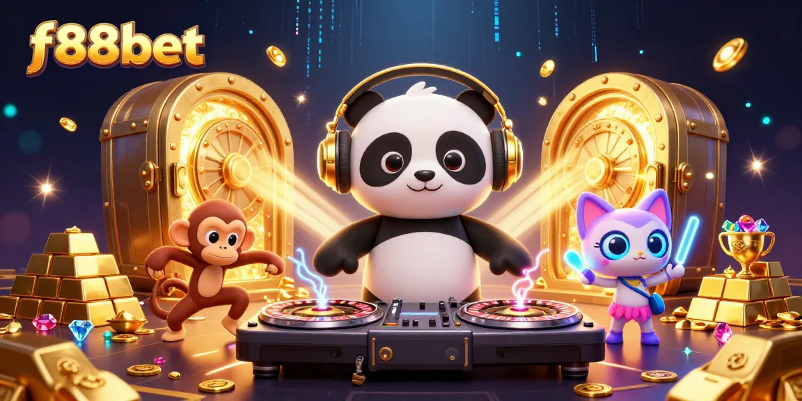Engage with f88bet's vibrant casino scene featuring a DJ panda and dynamic characters.