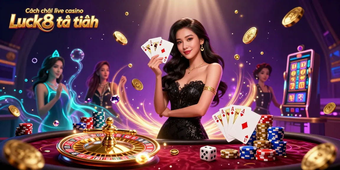 Cách chơi live casino Luck8 luôn thắng with a photorealistic Asian woman holding playing cards amidst casino elements.