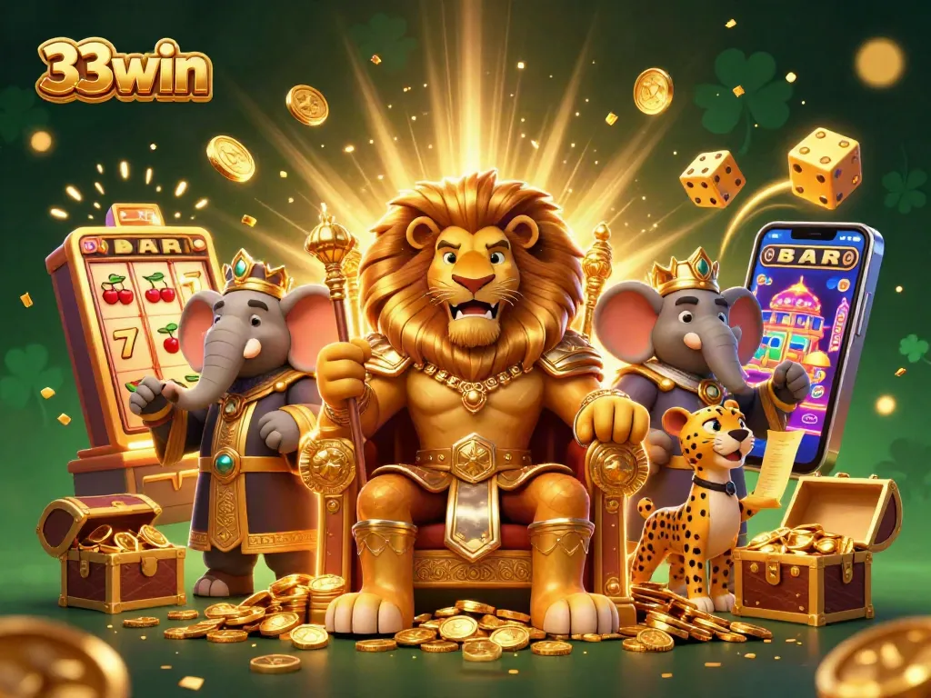 Join the thrill at 33win with a vibrant scene featuring a lion king in a casino atmosphere!