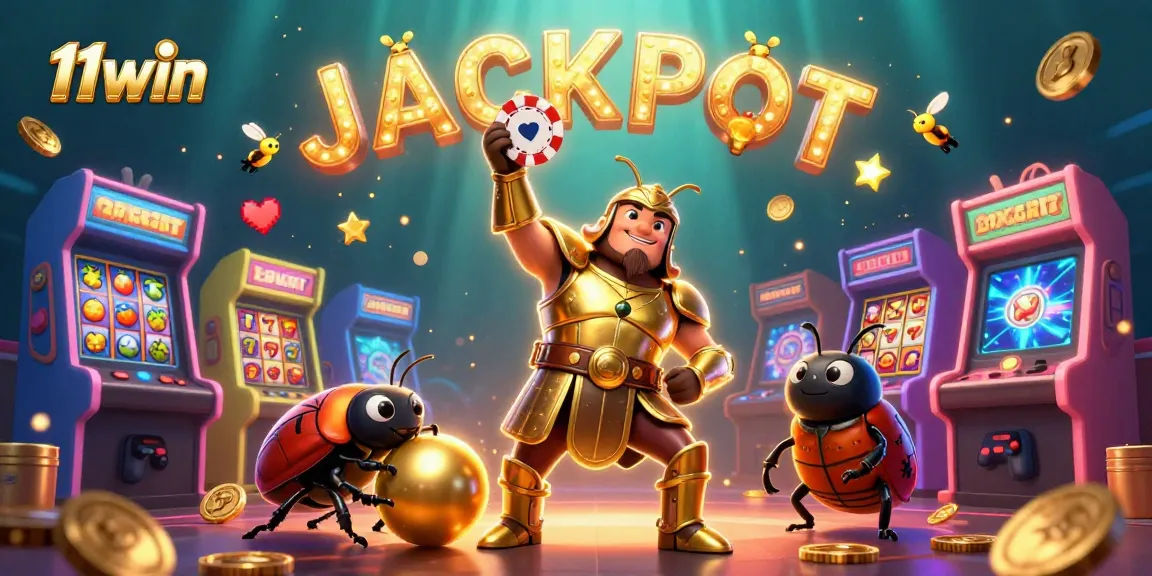 Win big with 11win as bejeweled beetles celebrate a jackpot in a vibrant casino scene.