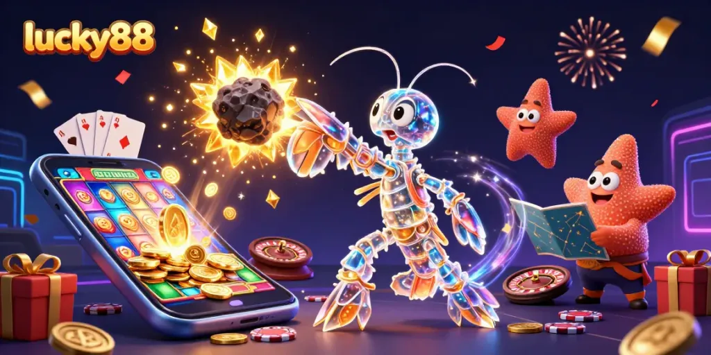 Play exciting games at lucky88 with the galactic samurai mantis shrimp in a vibrant casino scene.