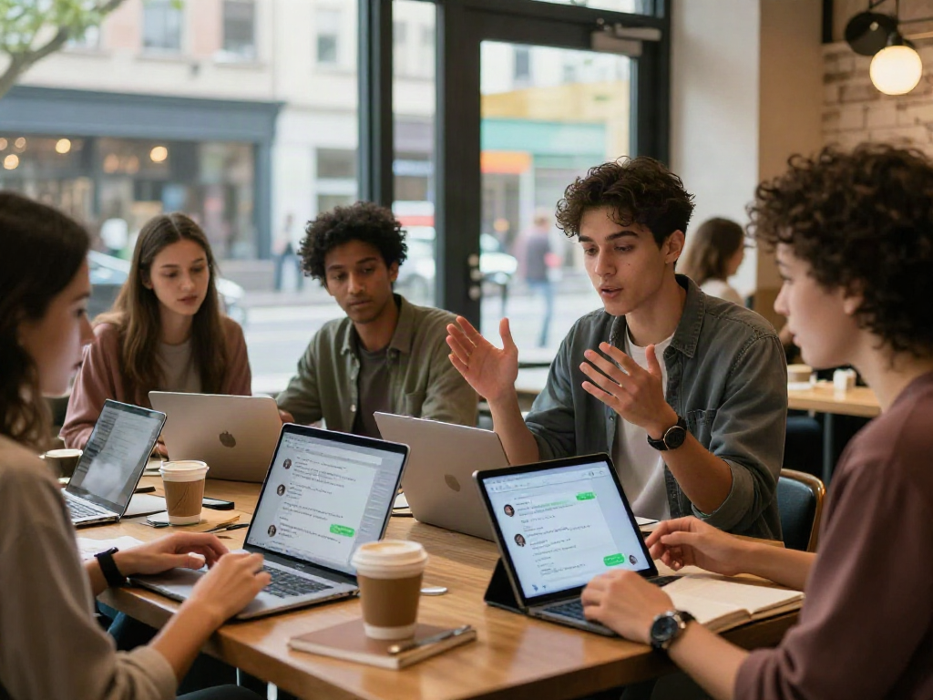 Engaging discussion about nsfw ai chat in a vibrant cafe with tech-savvy young adults.