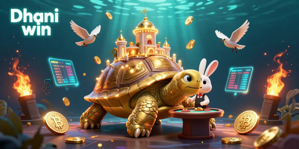 Dhani win showcases vibrant 3D cartoon art with a golden tortoise casino scene, thrilling players with exciting gaming elements.