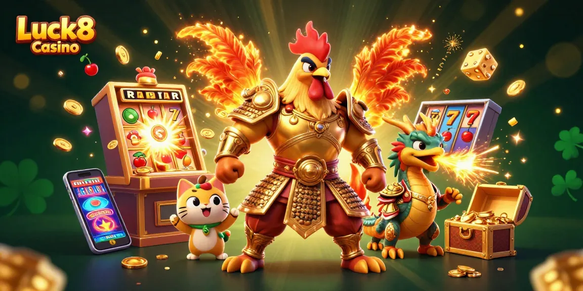 Experience the excitement at Luck8 Casino with a dynamic scene featuring colorful slot elements and vibrant characters.