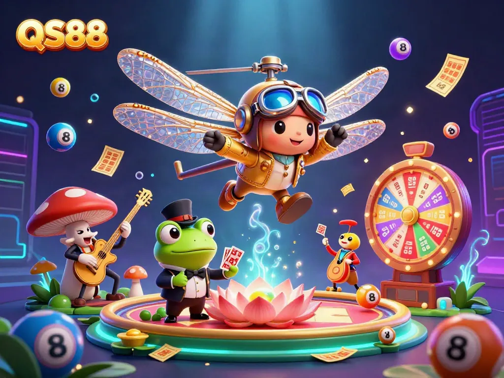 Experience the thrill of QS88's dynamic gaming scene with a helicopter pilot, croupier, and jazz musicians.