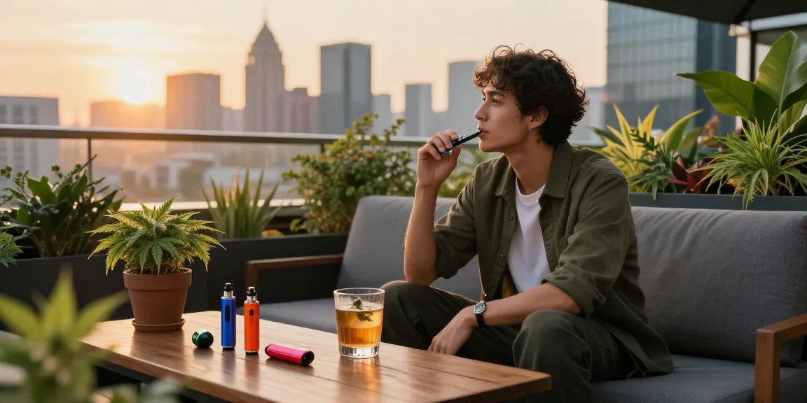 Enjoying thc pens in a stylish urban rooftop lounge with vibrant decor.
