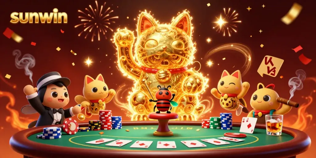 Experience the wow factor at sunwin with a lucky cat made of golden fireflies celebrating at a vibrant casino scene.